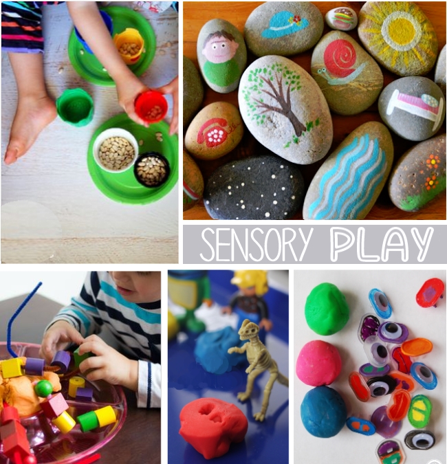 sensory play for 2 year olds - beans, rocks, beads, dinosaurs and play dough are shown with words "Sensory Play