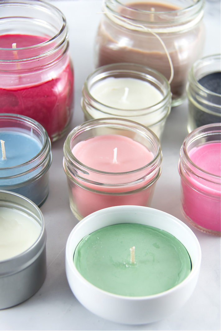 Homemade colored candles made with soy wax flakes and crayons.