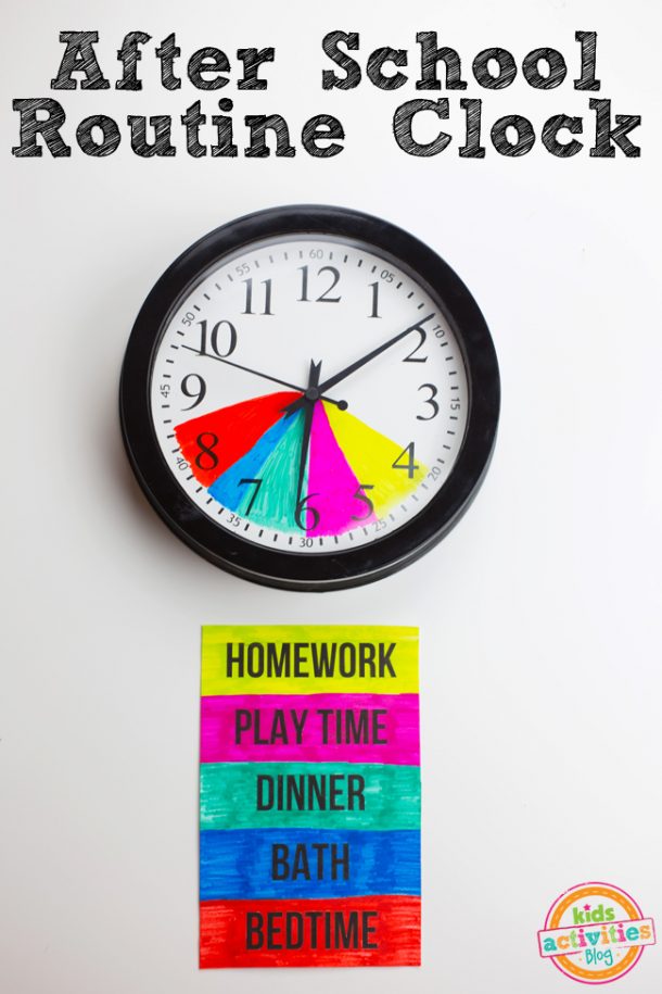 After school routine chart with homemade color coded clock 