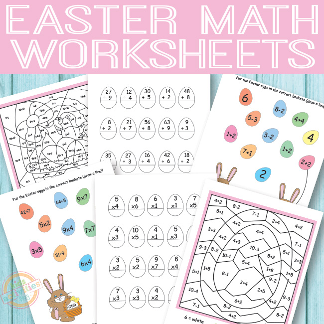 Easter Math Worksheets set - 6 pdf math sheets shown in the big Easter worksheets package