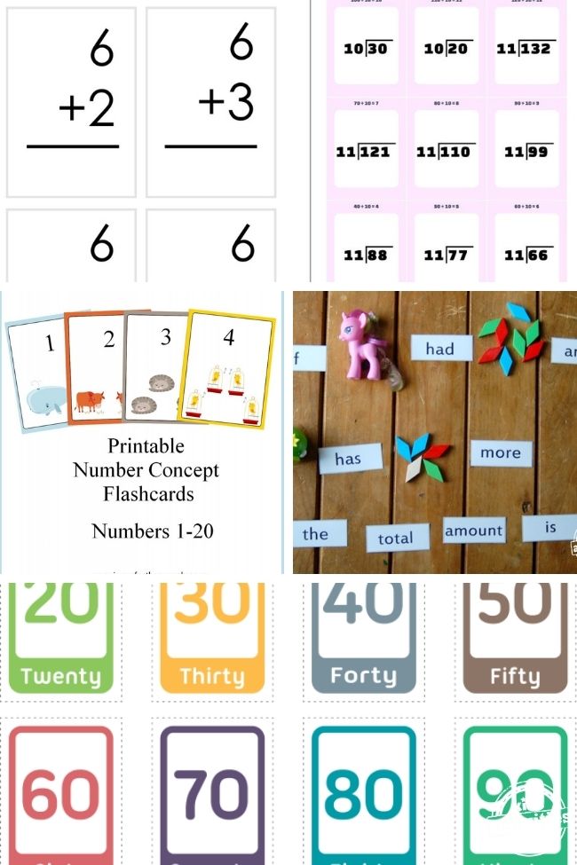 collage of math flashcards and how to create flashcards to learn with math sight words, division, counting by tens, numbers 1-20 and basic addition.