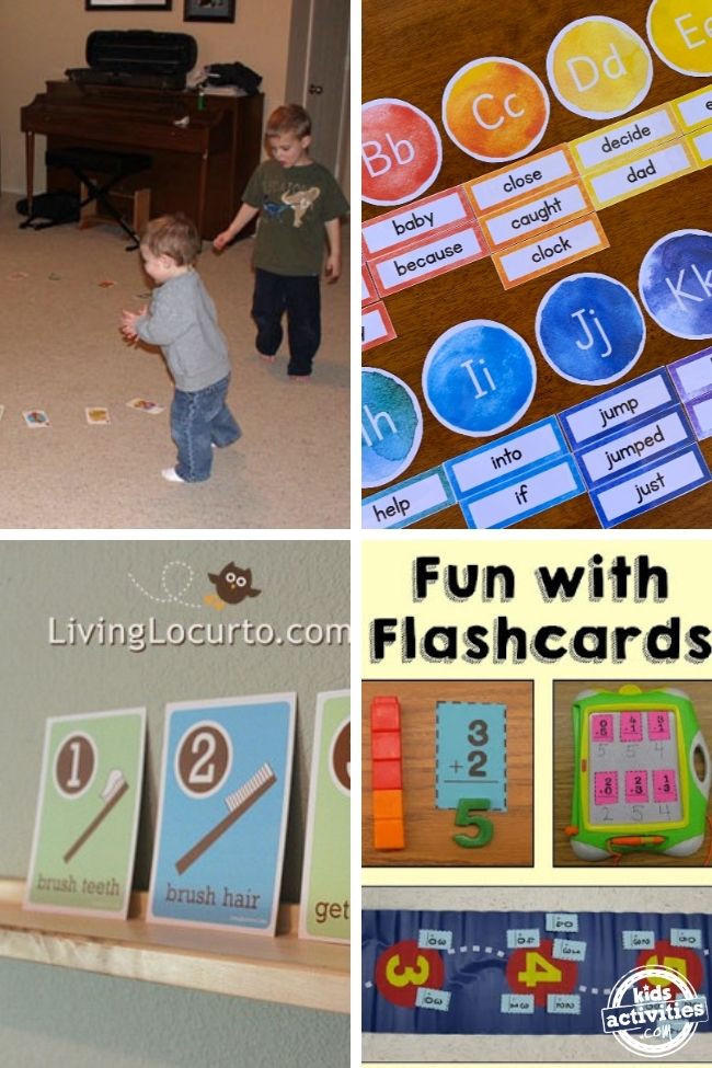 collage of how to make flashcards and ways to use them  with musical cards, letters and sight words, checklist cards, and basic math cards.