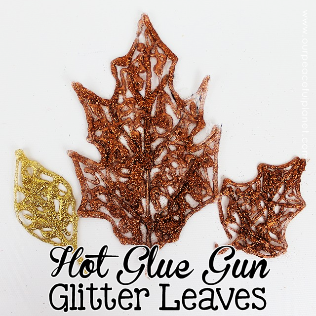 Fall leaf craft shown is 3 leaves created from hot glue gun glitter leaves from Craft Your Happiness