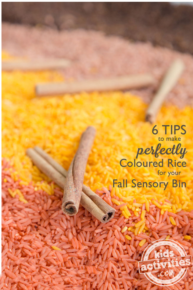 How to dye rice for sensory bins from Kids Activities Blog - shown are coloured rice in lines that are fall colors like brown, orange yellow and pink