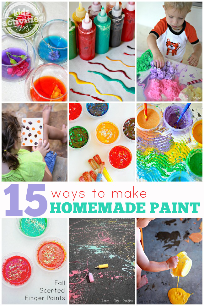 15 ways to make homemade paint for kids with water paints, squeeze paints, finger paints, pour paints with sparkles and are red, orange, blue, green, yellow.