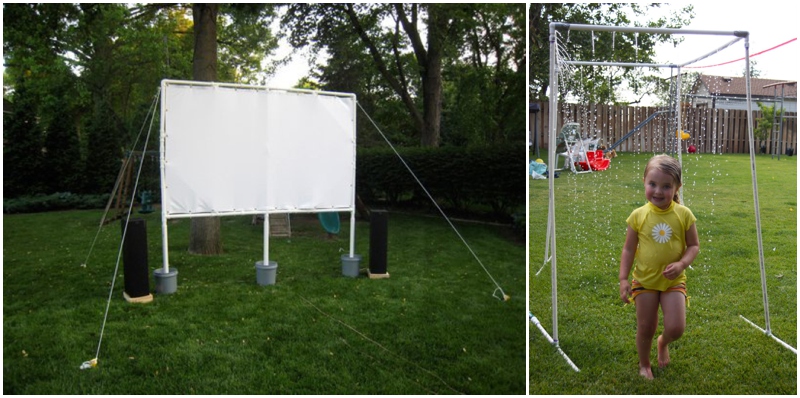 Toys to Make with PVC Pipes - pvc projects for outdoor movie theater screen and a pvc pipe sprinkler for kids
