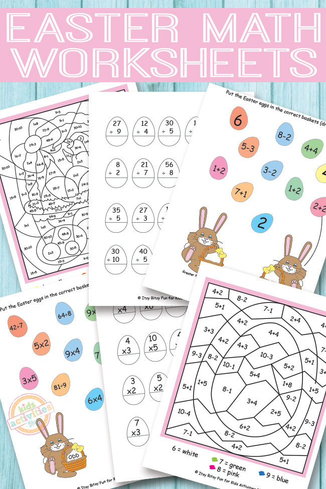 Easter Multiplication and Division Math Worksheets - 6 pdf versions of the math worksheets shown on blue background