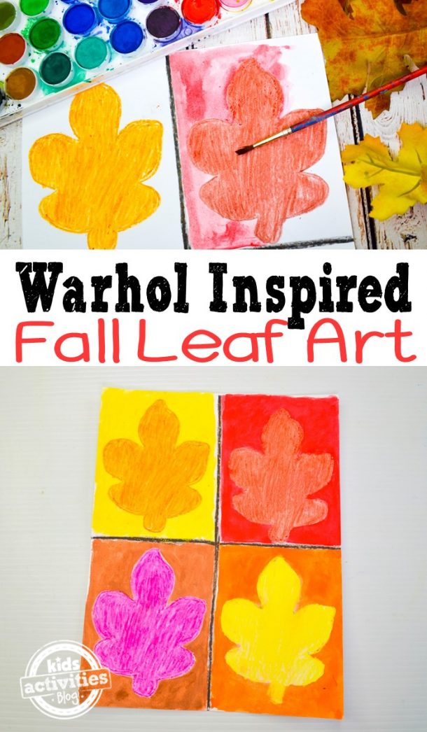 Warhol inspired fall leaf art with 4 leaves with red, orange, pink, and red. 