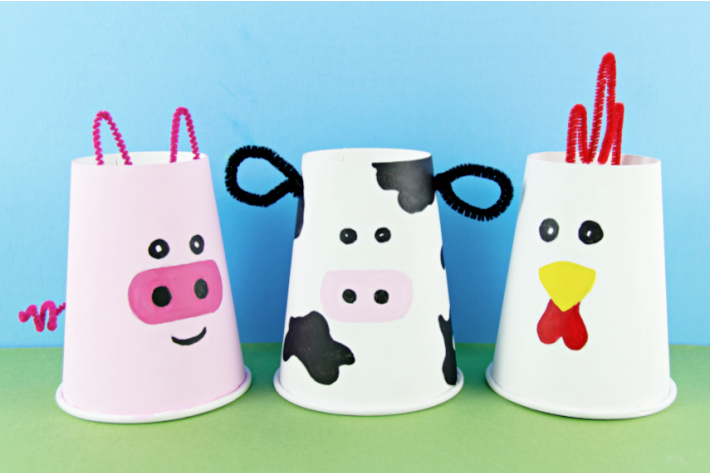 Paper Cup Farm Animals - pig cow chicken - The Big Book of Kids Activities