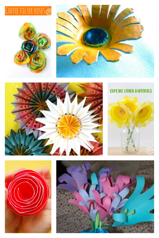 Flower craft preschool kids can do: paper plate roses, egg carton daisy, coffee filter flowers, handprint bouquets, flower cupcake cups