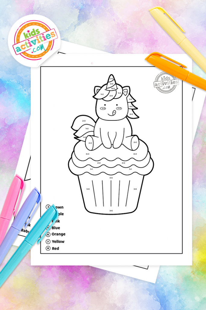 unicorn color by number addition coloring pages