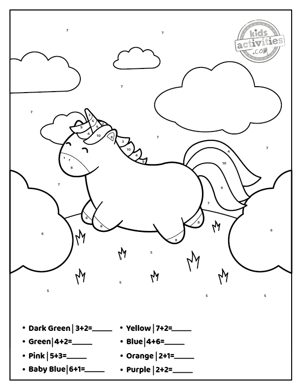 unicorn addition color by number printable