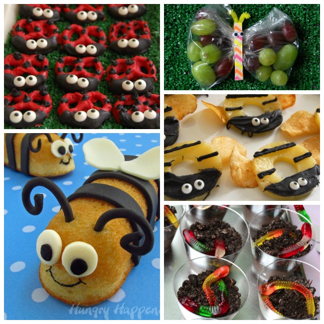 Bug themed foods that include lady bugs, grapes, bees, and mud and worms.