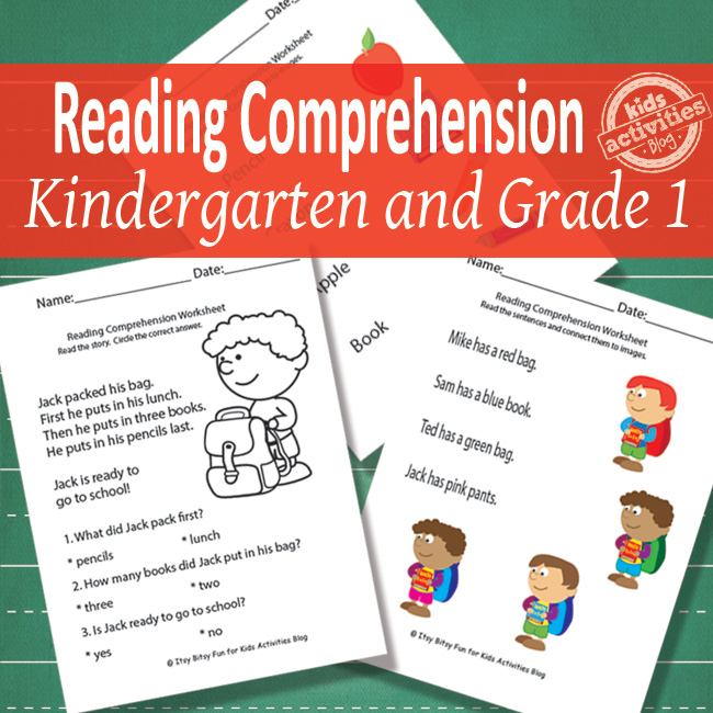 back to school reading comprehension worksheets for kindergarten and 1st grade - pdf versions shown on green background
