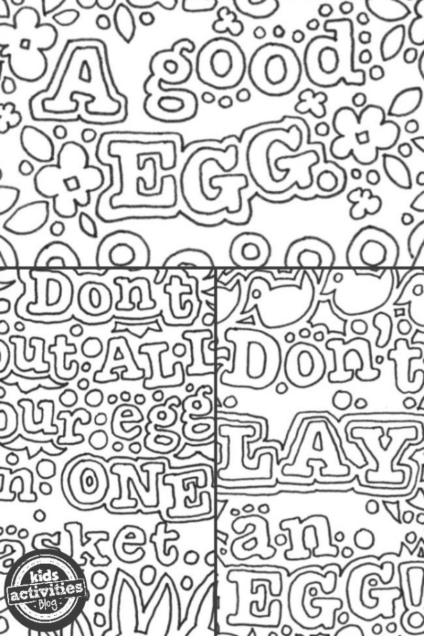 Easter coloring sheet with funny sayings and doodles.
