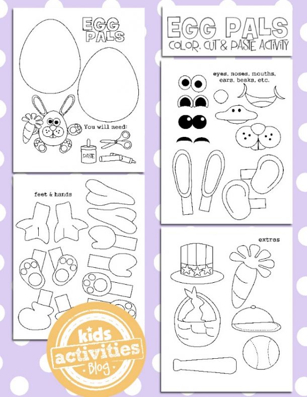 Printable Easter activities that allow you to make a paper Easter bunny with an egg body, eyes, mouth, carrot, hands, feet, and ears.