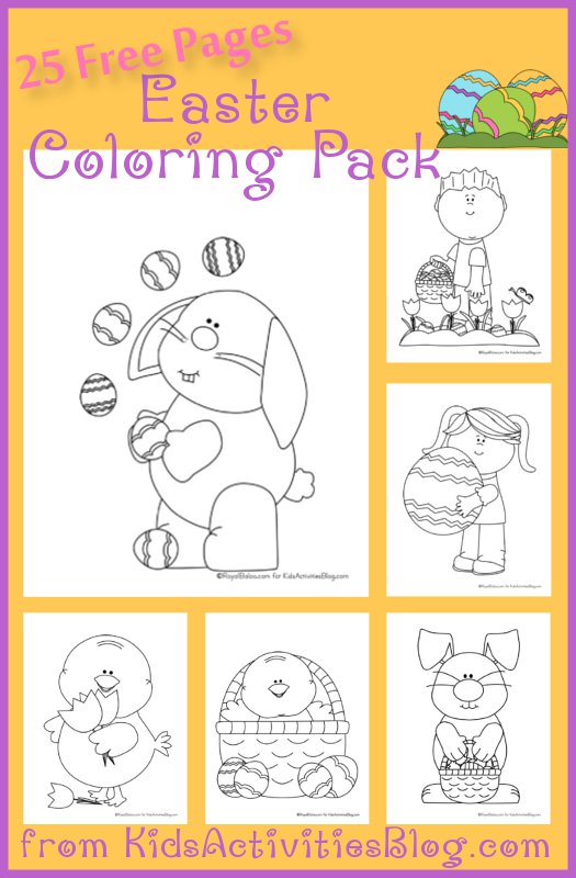 Easter coloring pages with an Easter bunny, little boy with an Easter basket, an Easter chick, an Easter chick in a basket, and an Easter bunny holding a basket, and a little girl holding a giant Easter egg.