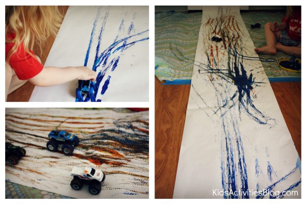 Steps to creating a monster truck painting activity at home with preschool age children using acrylic paint, white craft paper rolls and monster truck toys