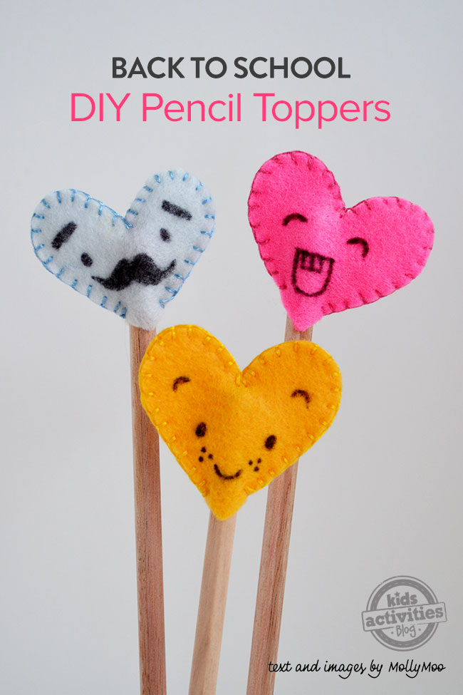 Back To School Felt Pencil Toppers craft - shown are three heart shaped pencil topper crafts completed in blue pink and yellow