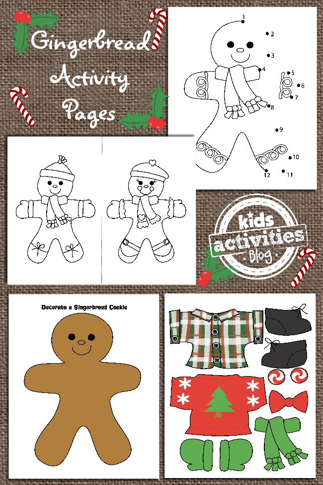 Gingerbread printables for kids with a: connect the dot, coloring sheets, and dress the gingerbread man sheet.