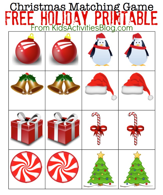 Printable Christmas Games - printable memory game for preschoolers with Christmas theme - Christmas balls, bells, penguins, hats, presents, candy canes, red swirl candy and Christmas trees