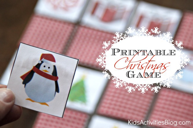 Printable Christmas game with Christmas cards with a penguin in a hat and Christmas tree.