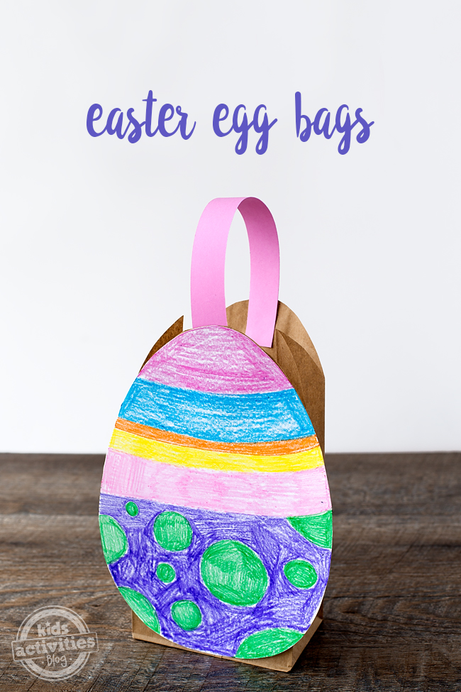Easter craft making an easter egg bag that has pink, blue, orange, yellow, pink, purple, and green
