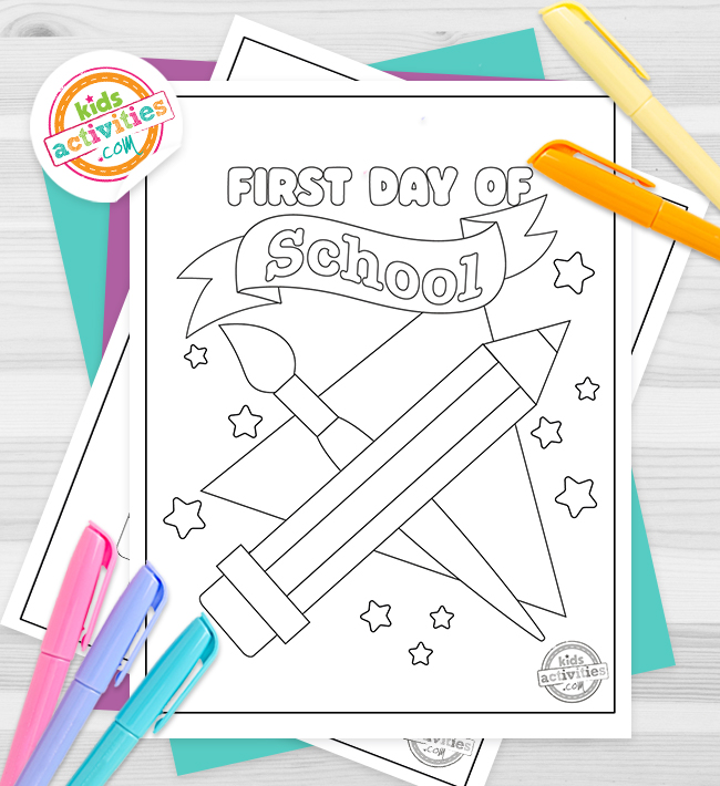 First Day of School coloring pages for kids - printed pdf shown with words first day of school and a pencil and paint brush