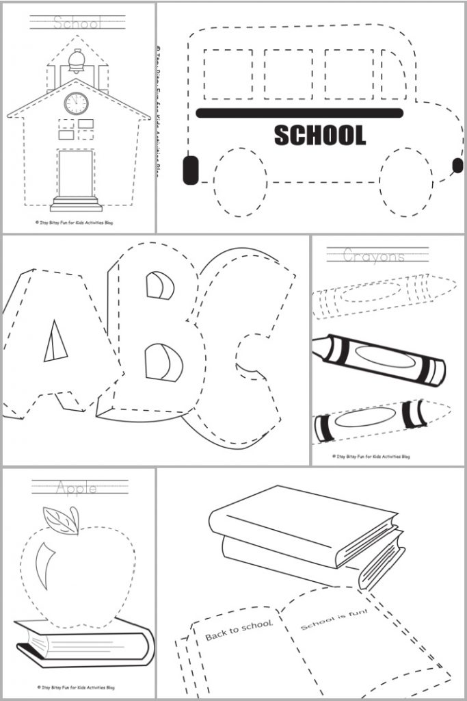 6 free printable school themed trace and color worksheets for preschool and kindergarten - printed pdf files shown in a collage
