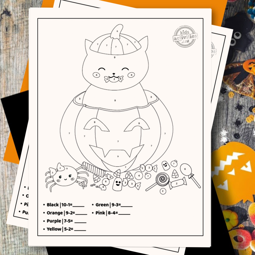 Halloween Color By Number Subtraction Coloring Pages Square