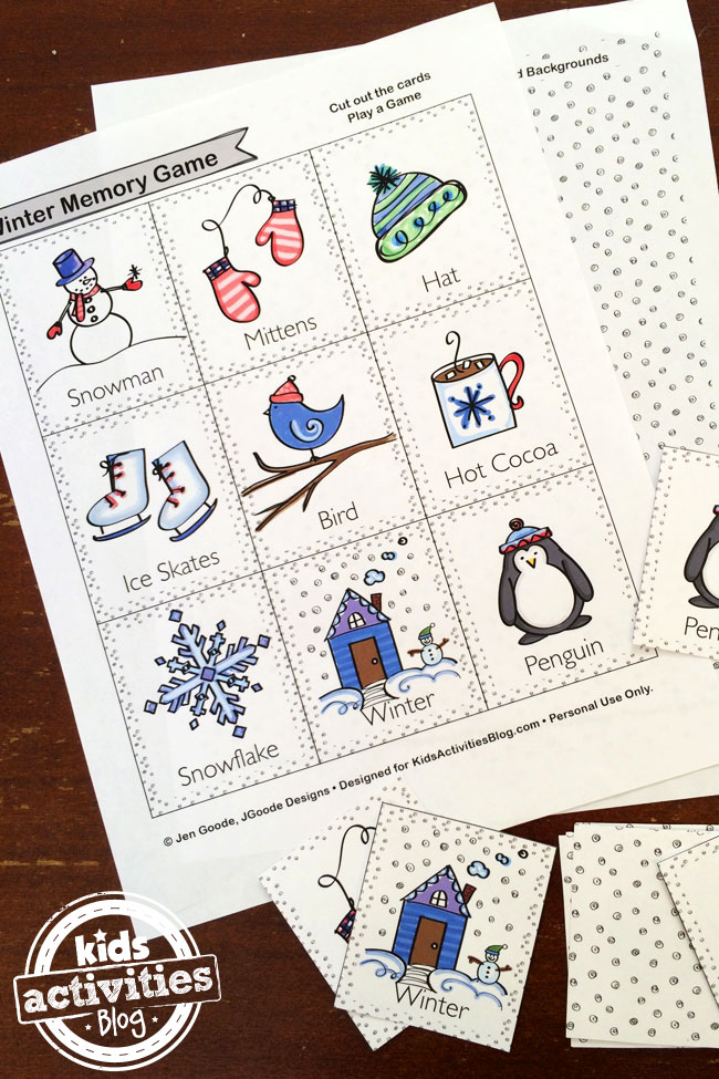 Winter Memory Game designed by Jen Goode - printable pages shown - background page and card page