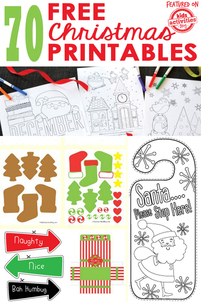 free christmas printables featured on Kids Activities Blog - shown is Christmas cookie set, Christmas door hanger coloring page and Christmas coloring pages