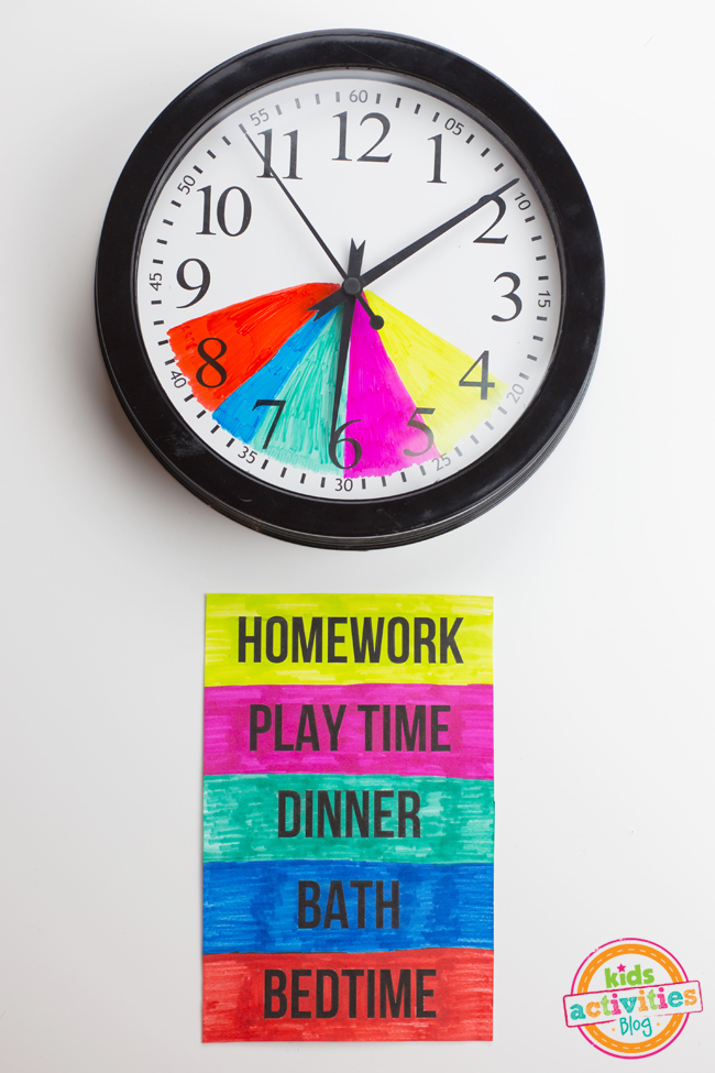 clock craft is displayed along with after school routine chart