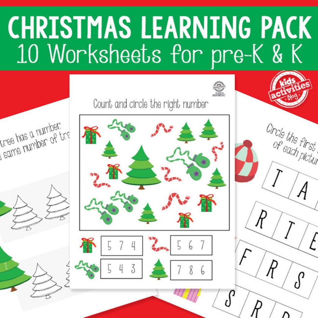 christmas worksheet activity packet - 10 worksheets for pre-k and kindergarten themed christmas