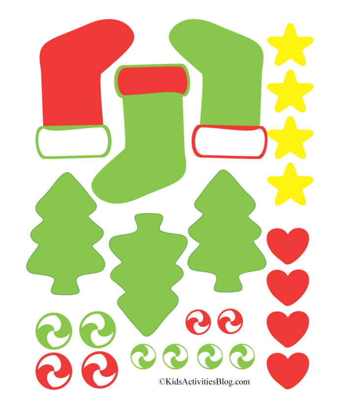 pdf download for decorations of printable gingerbread cookies - Christmas trees and Christmas stockings - stars, hearts, green and red icing and swirl candy