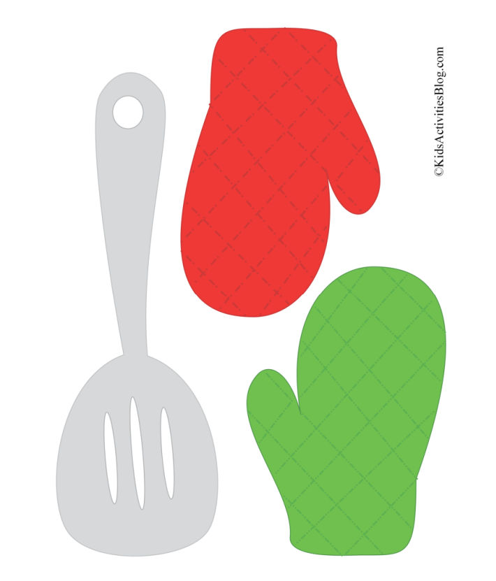 printable spatula and red and green oven mitts to go with the Christmas cookie baking set pdf - so cute