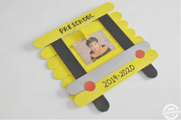 school bus photo frame diy shown on a white background in 45 degree angle
