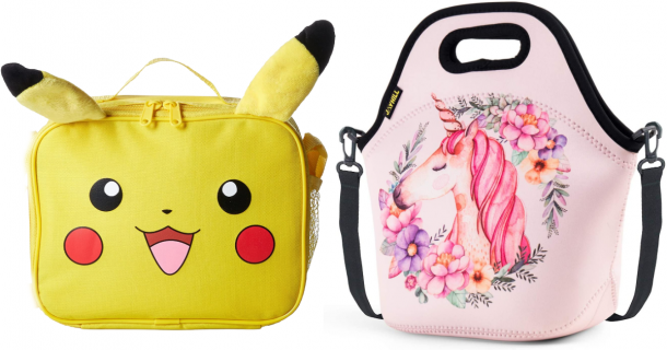 Best lunch boxes for kids. Pokemon Pikachu character lunch box and unicorn lunch bag.