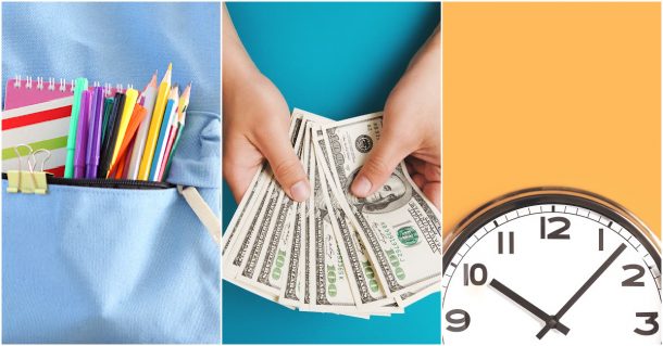 Back to school shopping with notebooks pencils, money, and time.