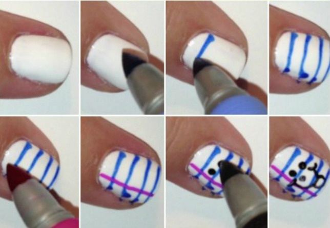 8 steps to create back to school nails collage - each of the 8 steps shown in pictures from painting nails white to drawing blue lines to adding pink to making doodles on the notebook paper nail art