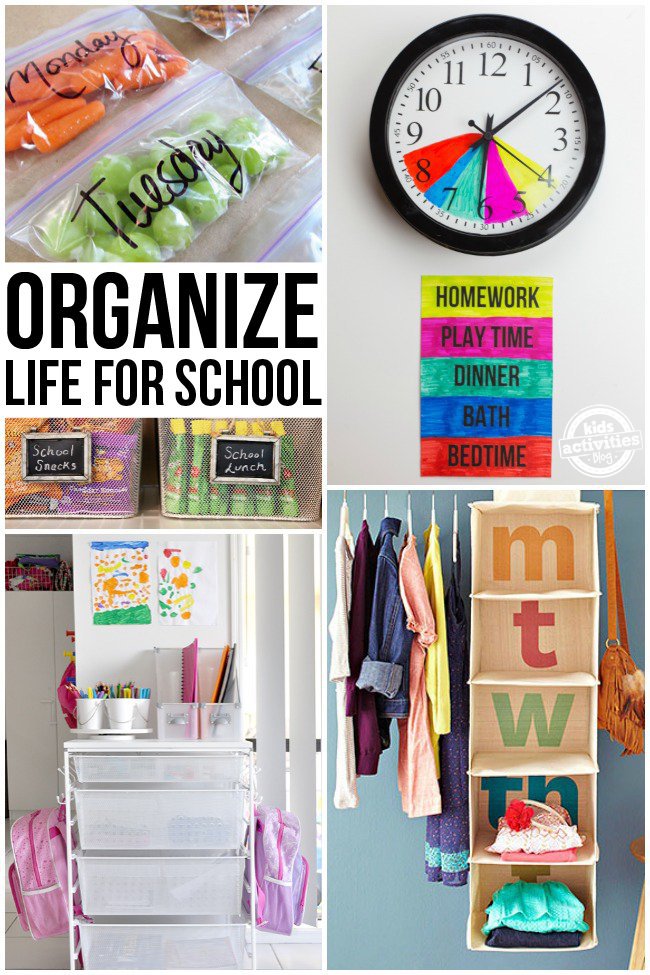 Organizing Life for School with labeled snacks, a labeled schedule clock that says: homework, play time, dinner, bath, and bedtime, cups and bins for papers and crayons, and a shoe bins for clothes labeled for each day of the week.