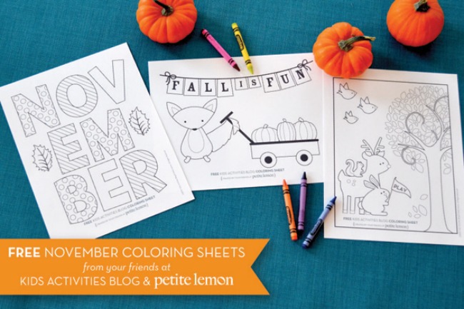 November coloring sheets with fall fun, foxes, pumpkins, deer, rabbits, and a tree.