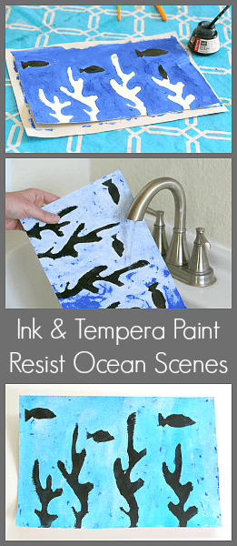 Art for Kids: Ocean Scenes Using Tempera Paint & India Ink and resist painting