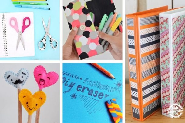 collage of DIY school supplies crafts