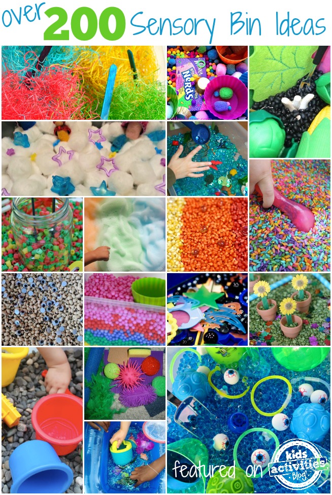 Over 200 sensory bin ideas collage with fuzzy material and popsicle sticks, nerds and other candy, uncooked beans and felt pieces, cotton balls and plastic stars, gel balls, sprinkles, foam soap, beads, googly eyes and uncooked beans, plastic balls, rocks, and rubber toys.