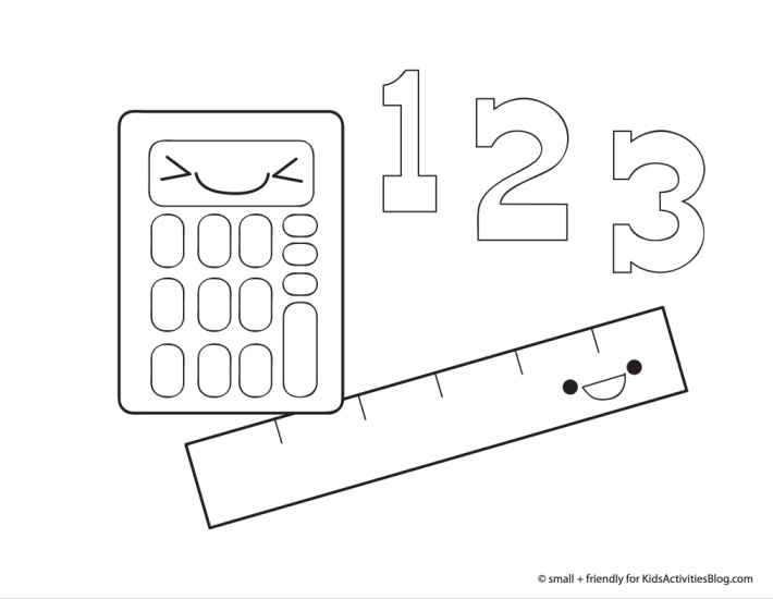 Back to school coloring page pdf shown with a calculator, ruler and the numbers 1 2 and 3.  They each have happy faces and are silly 