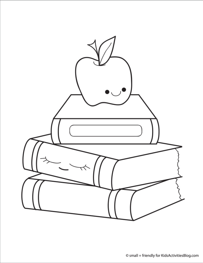 Back to school coloring page pdf shown with an apple and a stack of text books for school