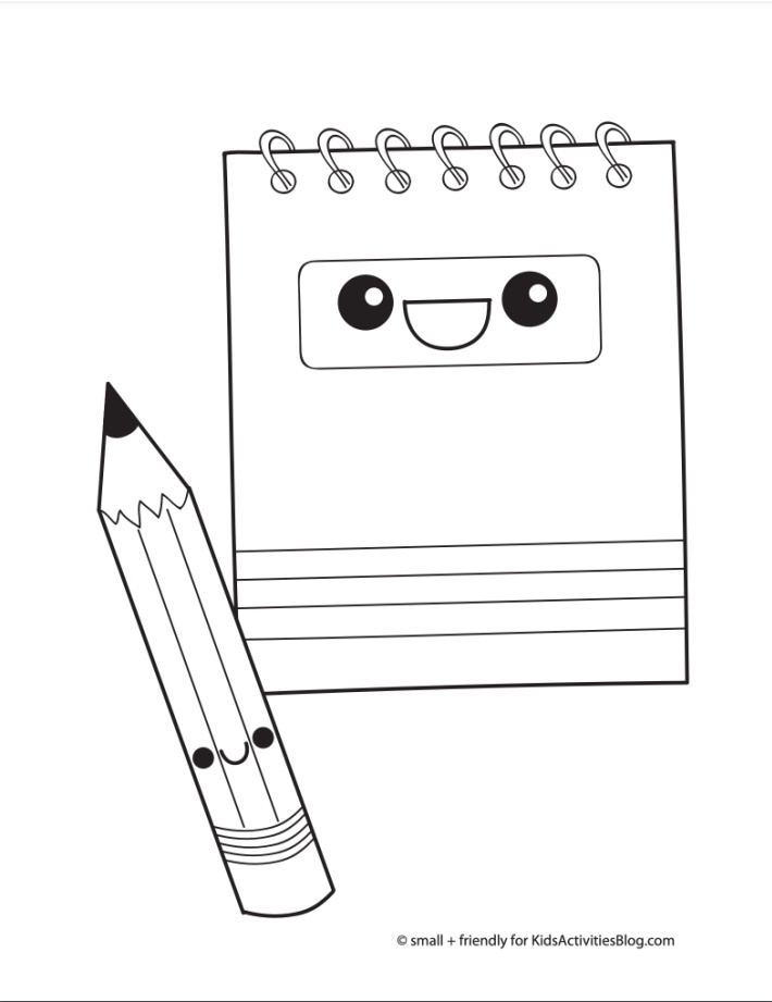 Back to school coloring page pdf shown with a spiral notebook and pencil ready for color