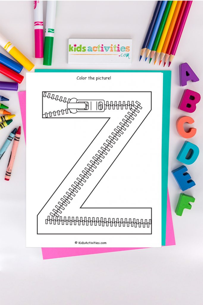 Letter z coloring page Kids Activities Blog - color the picture of capital letter Z with zipper on background of crayons colored pencils and markers with ABCs