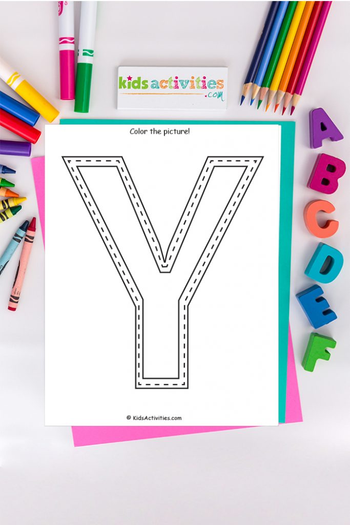 Letter y coloring page Kids Activities Blog - color the picture of the capital letter Y with yarn on background of ABCs and colored pencils crayons and markers
